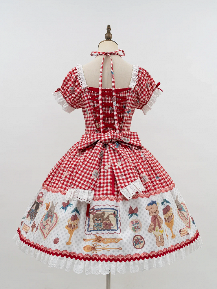 Teddy Red Print Sweet Dress Dessert and Cherry Gingham Lolita