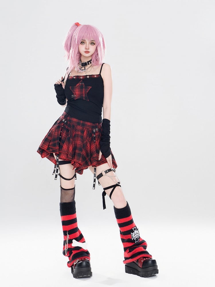 With Cami Applique Black Top Red Star Plaid