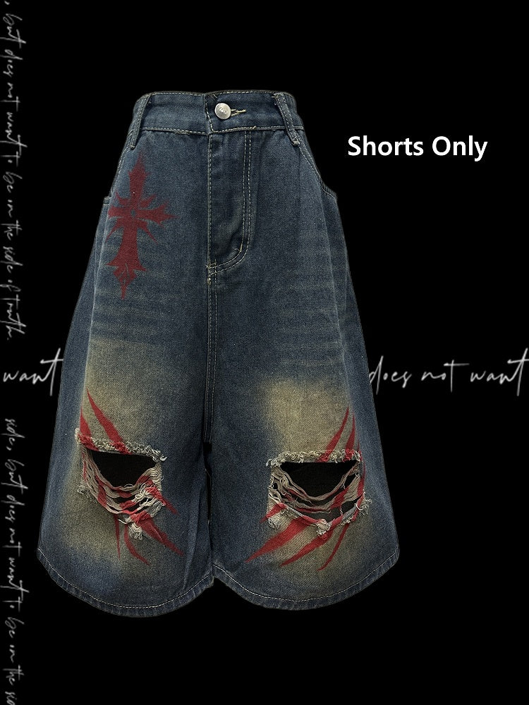 Print Blue Faded Holes Scratch Wash Distressed Wide-leg Denim Shorts