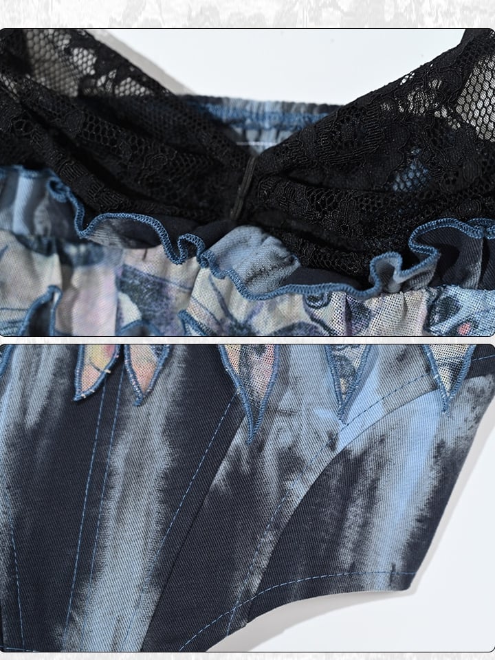 Grunge Punk Rock Fee Blau Spitze Wasserfallausschnitt Korsett mit Knochen Tie Dye Cami Top