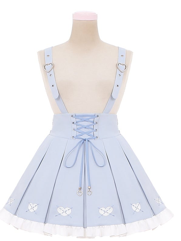 Jirai Kei Overalls Light Blue Heart Front Embroidery Lace-up