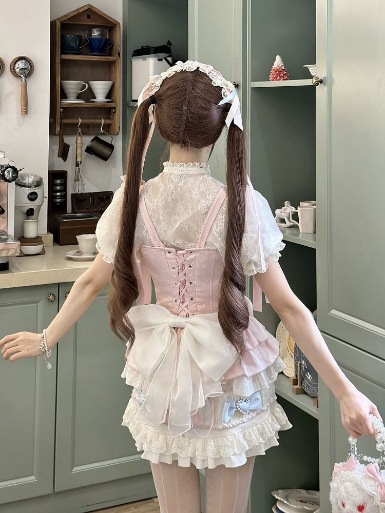 Skirt Lolita + Accents Puff Pink Full Sleeves and Set Cami Sweet - Top Cropped Bow Blue