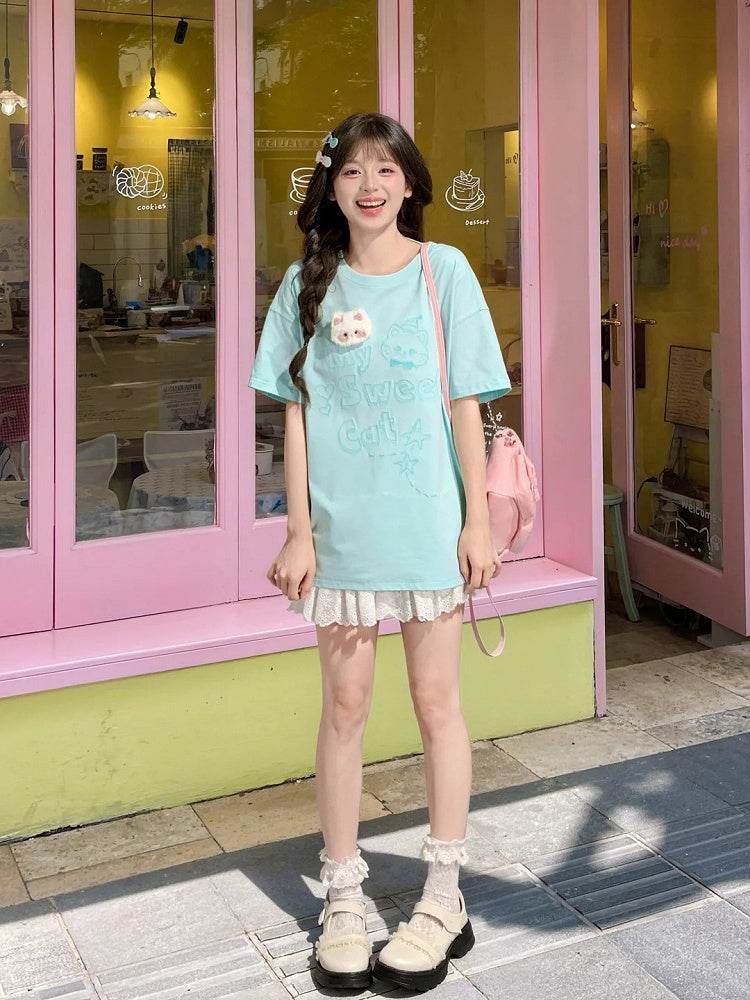 Pink/Mint T-shirt Kitty Plushie Round Neck Kitty Print Loose Blue with