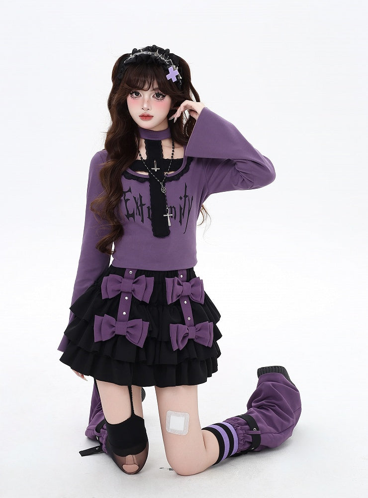 Purple Lined Leg Warmers Tiered Skirt with Criss-cross Bowknots Strap Black
