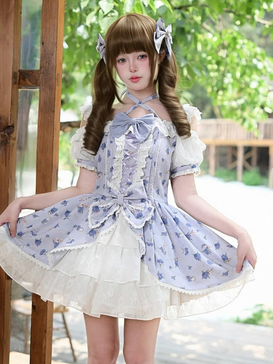 OP Neck Sweet Lolita Dress Purple Hydrangea Print Open Shoulder Halter Light