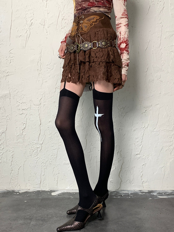 Stockings Suspender Print Cross Black Y2K