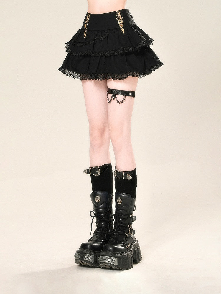 バックル付きグラマラスブラックレースストラップトリムティアードスカートレオパード