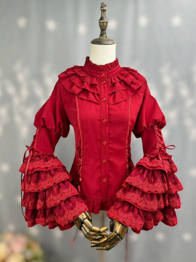 Kuro Ruffle Lolita with Tie Bell Neckline Shirt Gothic Layered Sleeves Jabot Red