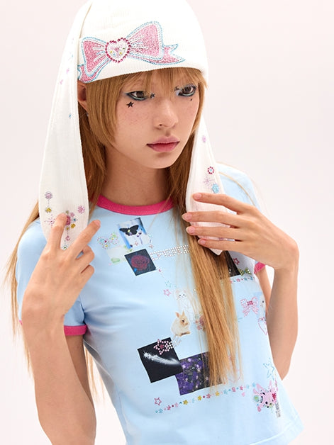 Y2K White Hat Design Rhinestone Bow Bunny Ear