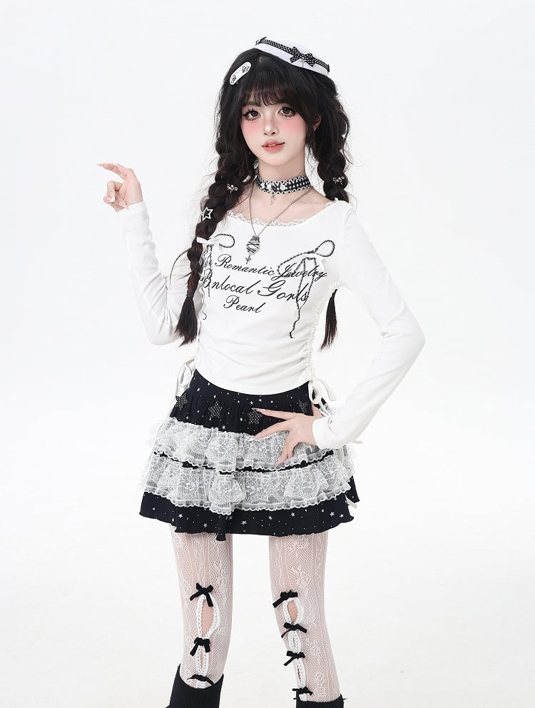 Bowknot Print Lace Sweet Top Trim Drawstring Waist White/Black