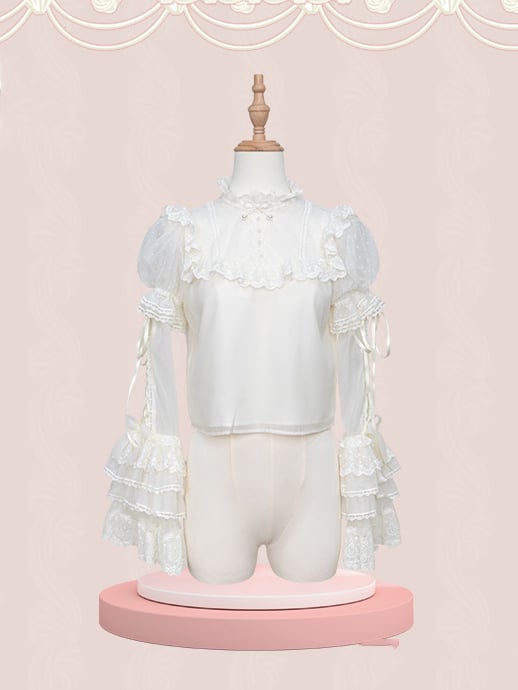 Tüll Weiß mit Ärmeln Creme Abnehmbare Bluse Gepunktet Puff