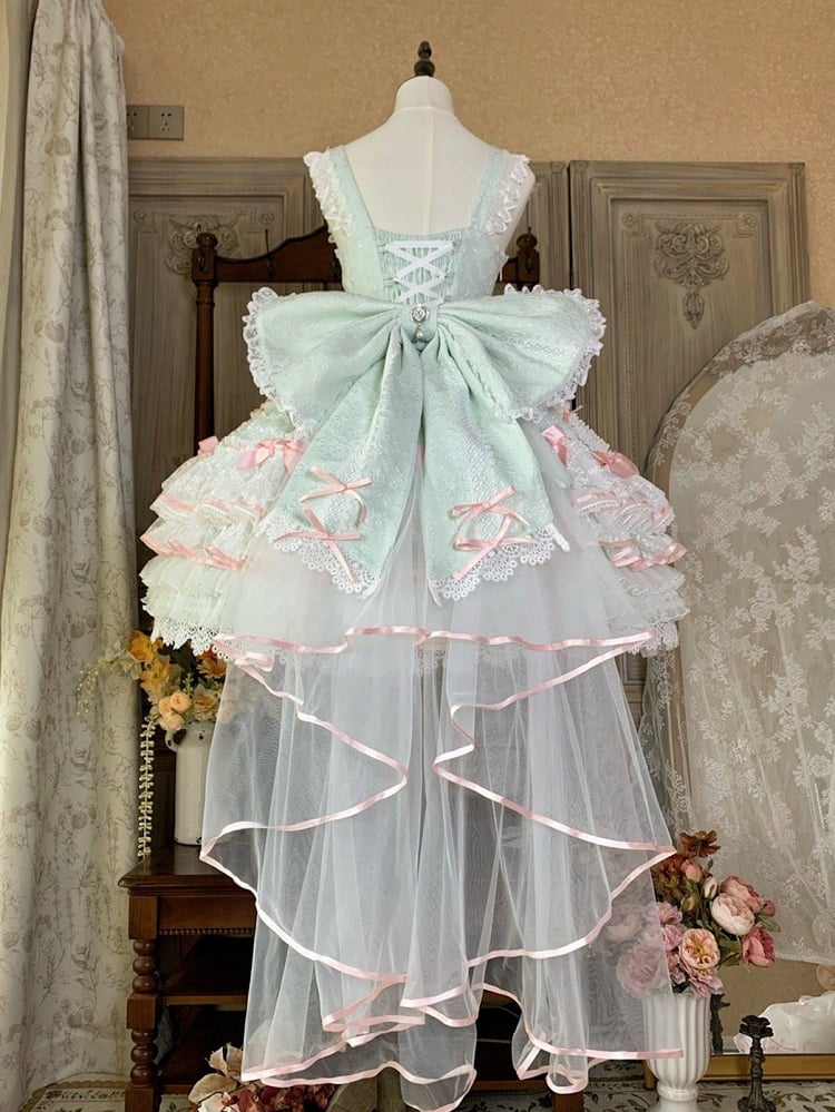 Mintgrüner Hanayome-Lolita-Pulloverrock mit Schleifenverzierung, süßes Hime-Lolita-Pulloverrock-Set