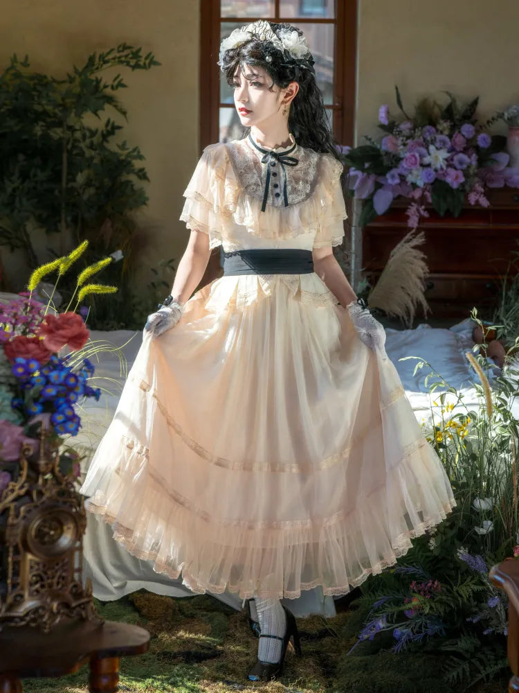 Beige Classic Waist Black Elegant Dress Neckline Lolita Illusion Edward Belt with