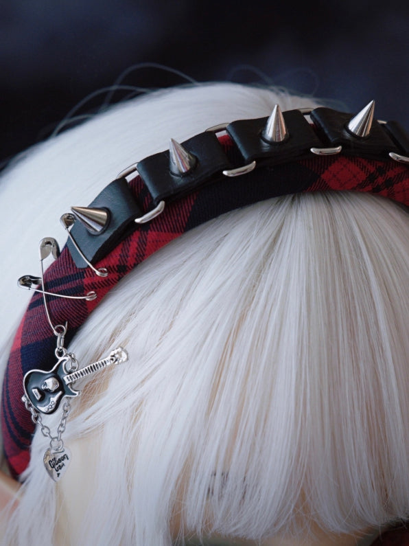 Studs Red KC Charm Buckle Design With Guitar Pattern Black Plaid And