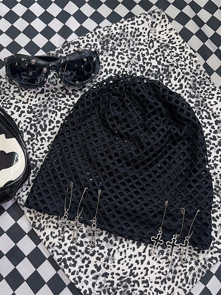 Charm Black Beanie Details Pin Y2K Design Cross Fishnet