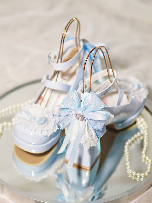 Blue Heels Top Knotted Buckles at Bow High Trim Lace Block Heart
