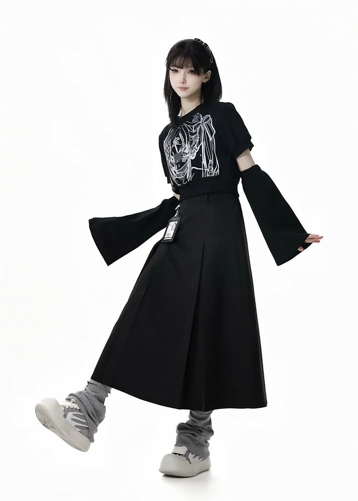 スカート ボックスプリーツ アンクル ブラック ジッパーディテール 長さ