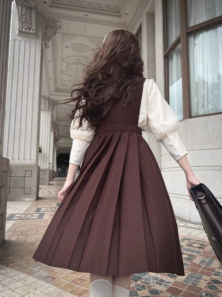 with 70cm Brown / Embroidery High Waist Box Pleat Overall Dress 65 Dove