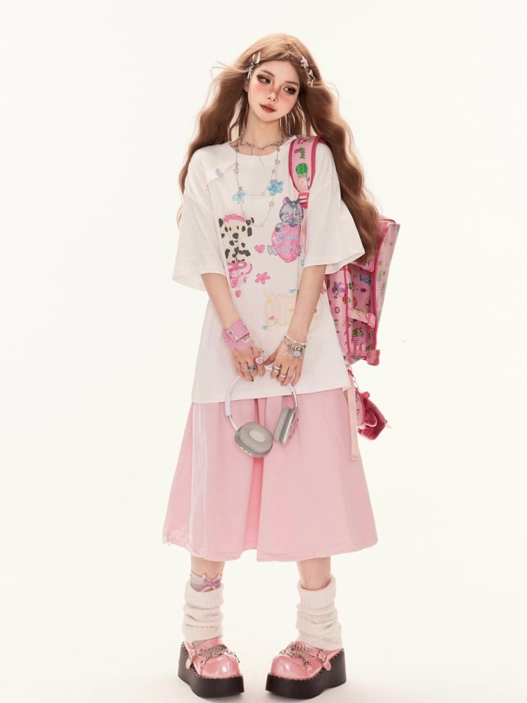 T-Shirt Adorable Animal Print Summer White Round Neck Loose