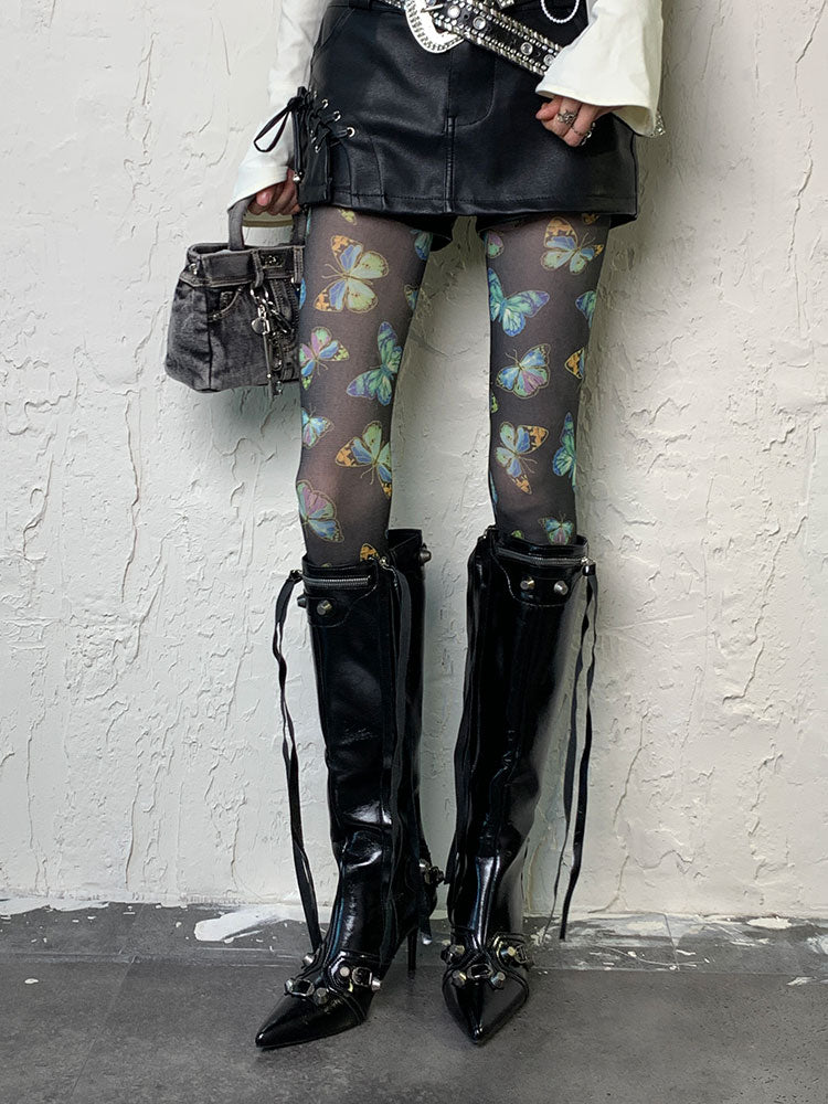 Punk Schwarze Y2K Schmetterlingsstrumpfhose