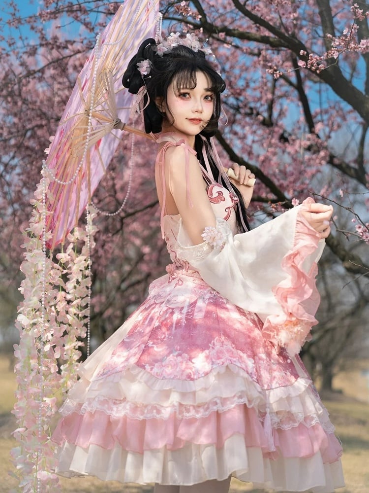 Dress Qi Cheongsam Sakura Skirt Lolita Print Jumper Pink Style