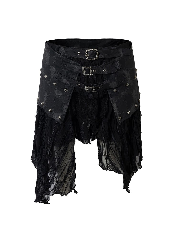 with Hem PU Asymmetrical Flair Skirt Black Studded Punk Edgy Lace Patchwork