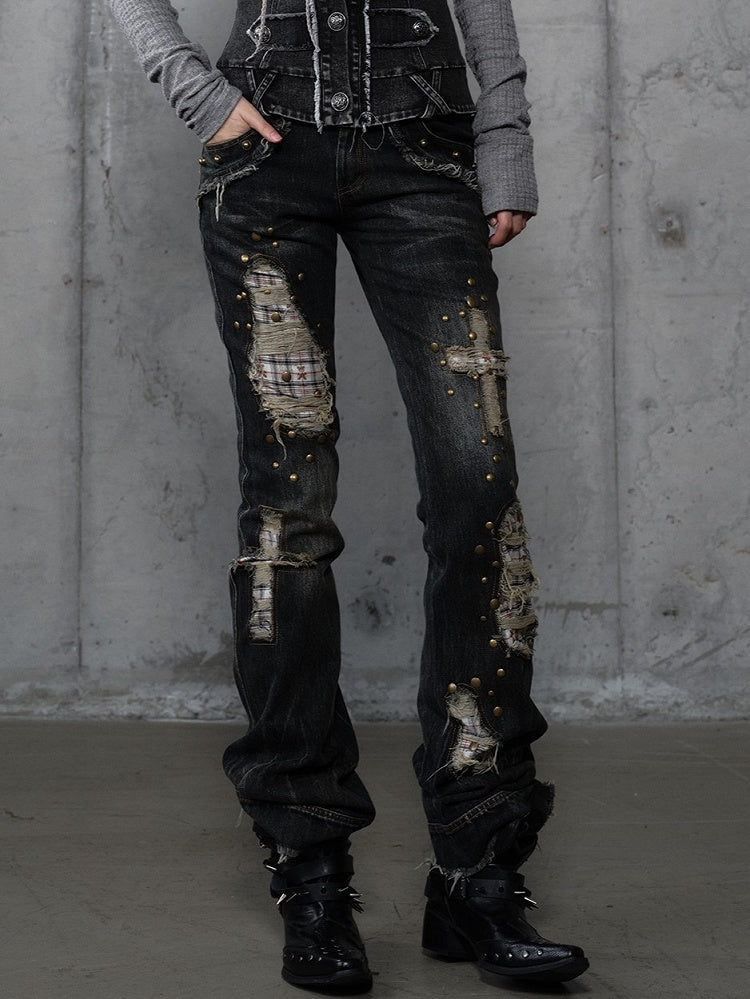 Plaid Distressed Patches Jeans Hem Punk with Frayed Black Wash Cross