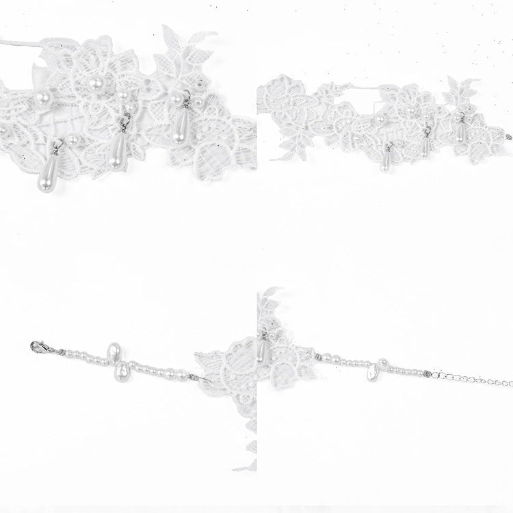 ホワイトチョーカーディテールビーズレースアップリケ