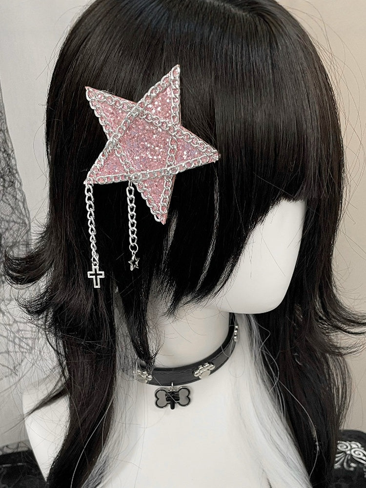 Rhinestone Black/Pink Cross Hairclip Charm Star