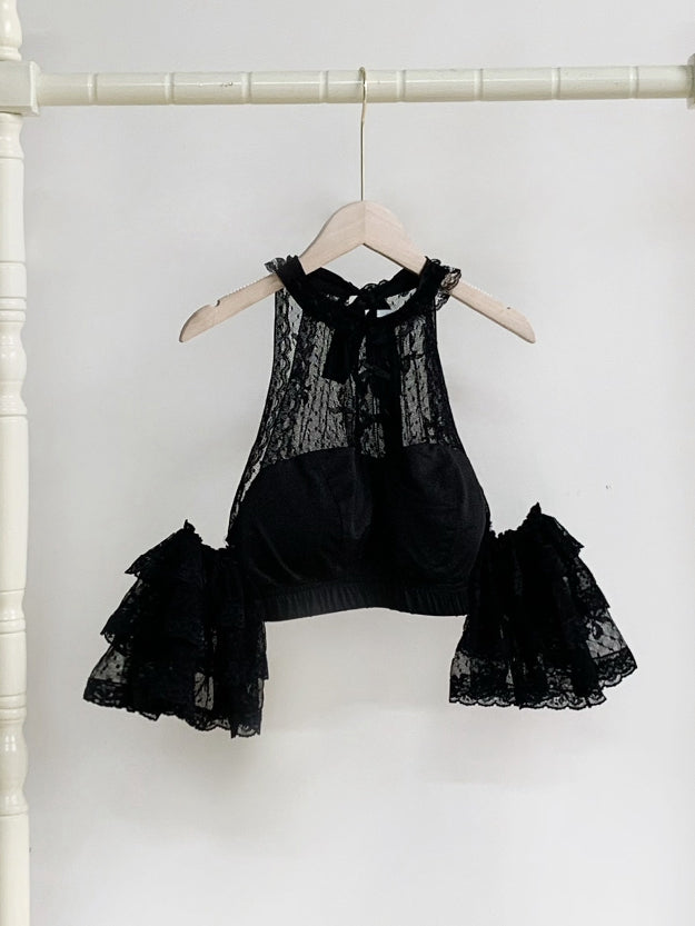 Sleeves Detachable Halter Lace Top Black with Neck Flutter Cropped