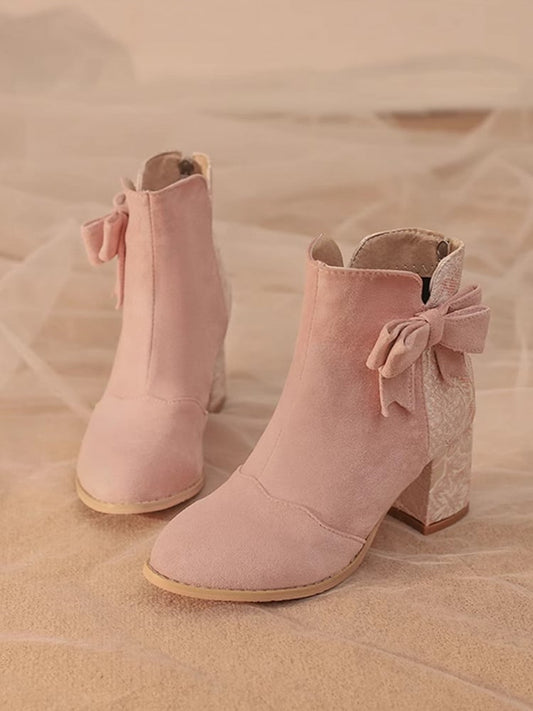 Absatzversion Normal/Dicke Lolita mit Schleife Stiefel Qi Block Akzent Satin Kombination und Wildleder