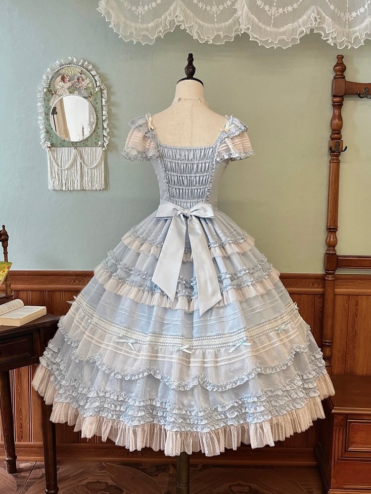 Elegante Verzierungen Plissee Rüschen Klassisches Lolita Kleid Blau Details und
