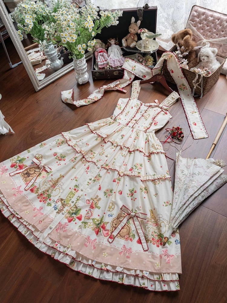 Floral Pink Hemline Lolita Fashion Dress Bunny Print House Strawberry and