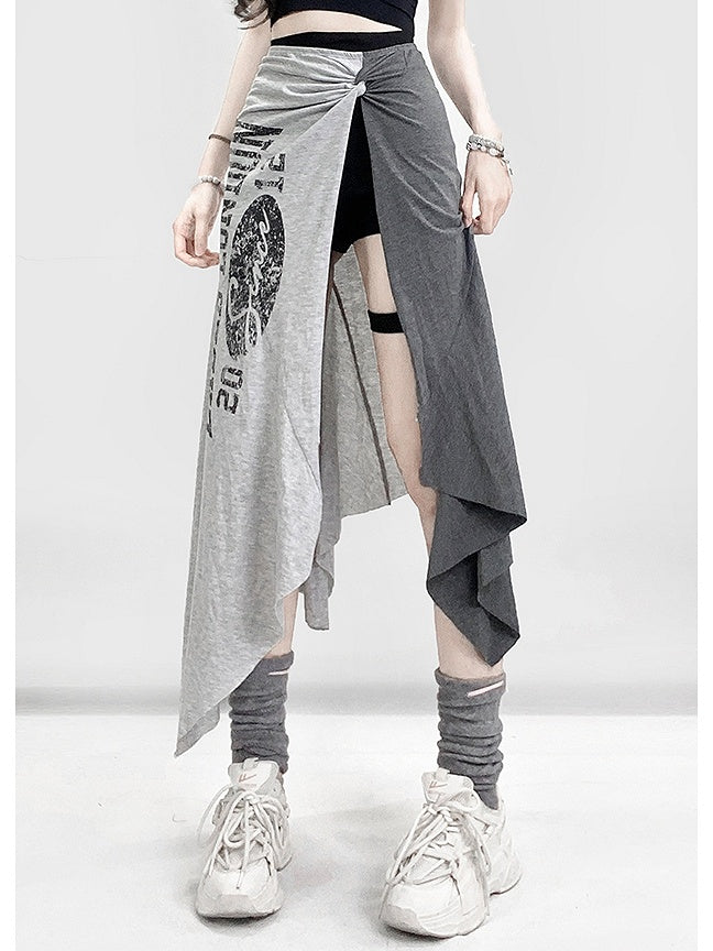 Shorts Hem Black Slit With Letter Asymmetrical Side Skirt Gray Print Glamorous