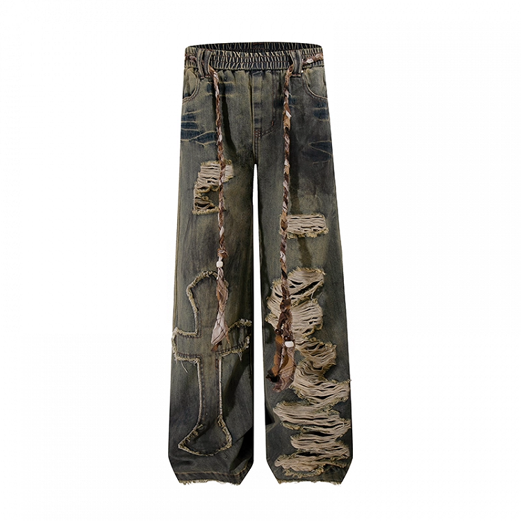 Blue Wasteland Punk Cross Applique Distressed Holes Low Rise Vintage Wide-leg Jeans