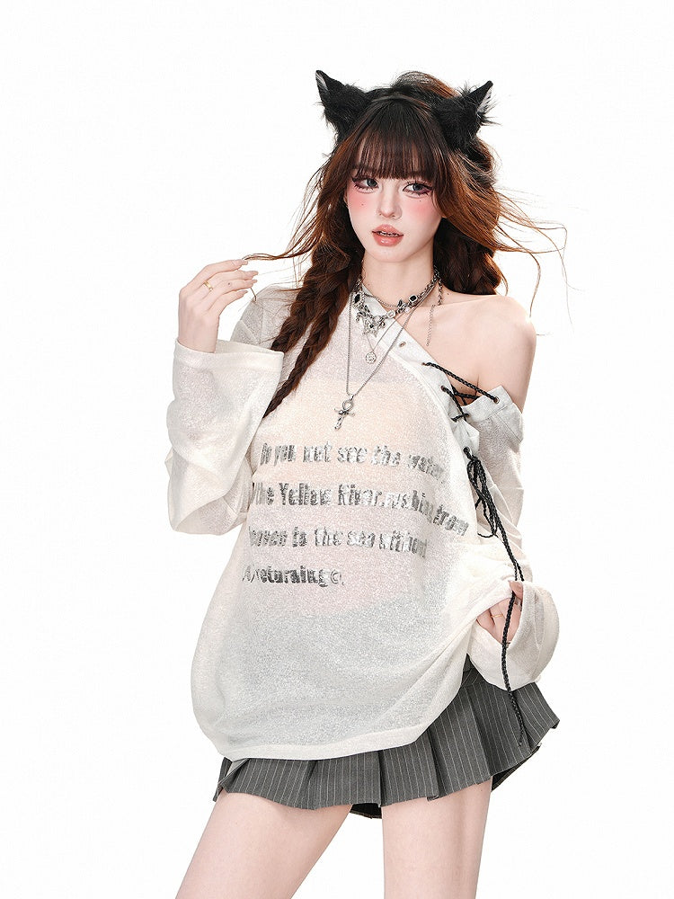 Black/White Semi-sheer Asymmetrical Neckline Sun Protection Top with Lace-up Detail