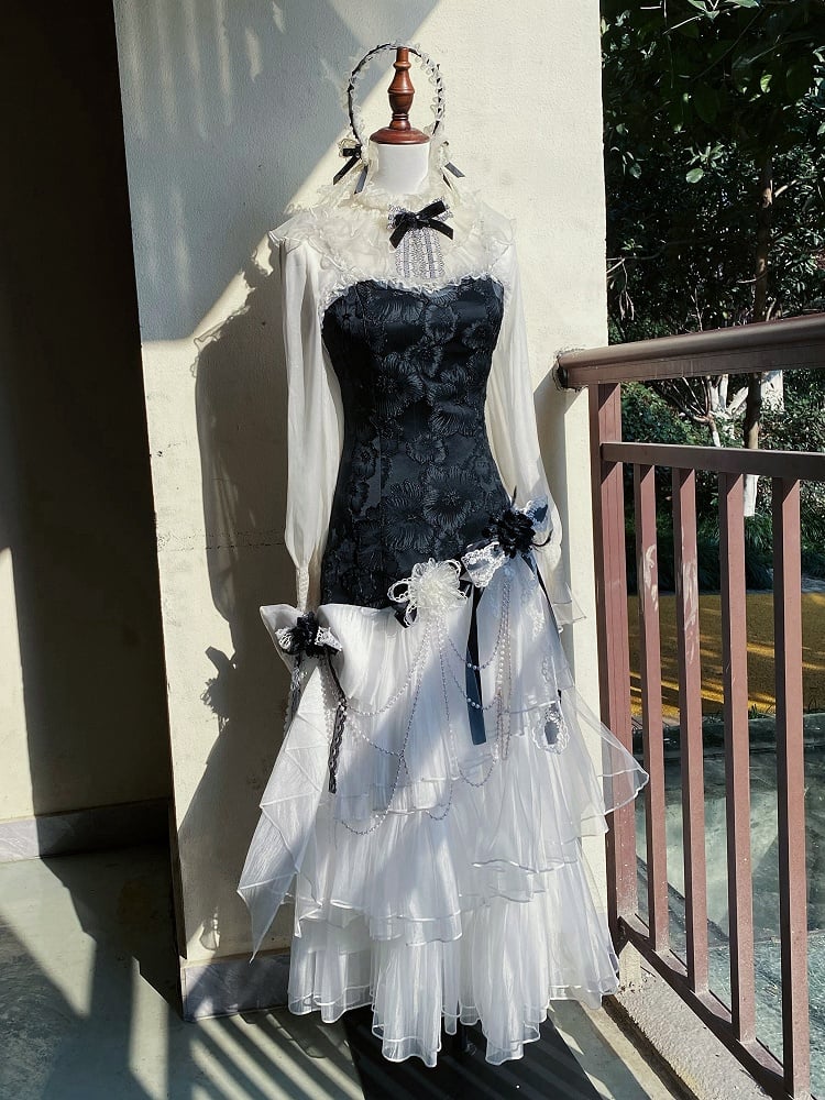 Classic JSK Elegant Layered Full Tulle Slim Bodice Jacquard Hem White Lolita Black Fit Floral Set