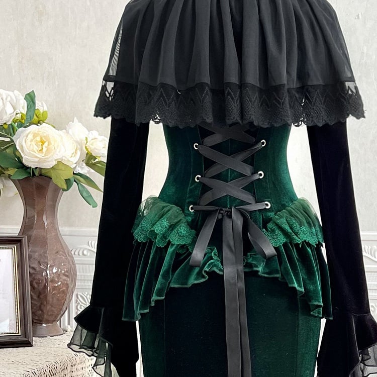 Mermaid Forest Peplum Lace Velvet and Dress with Green Applique Detail Black Dark