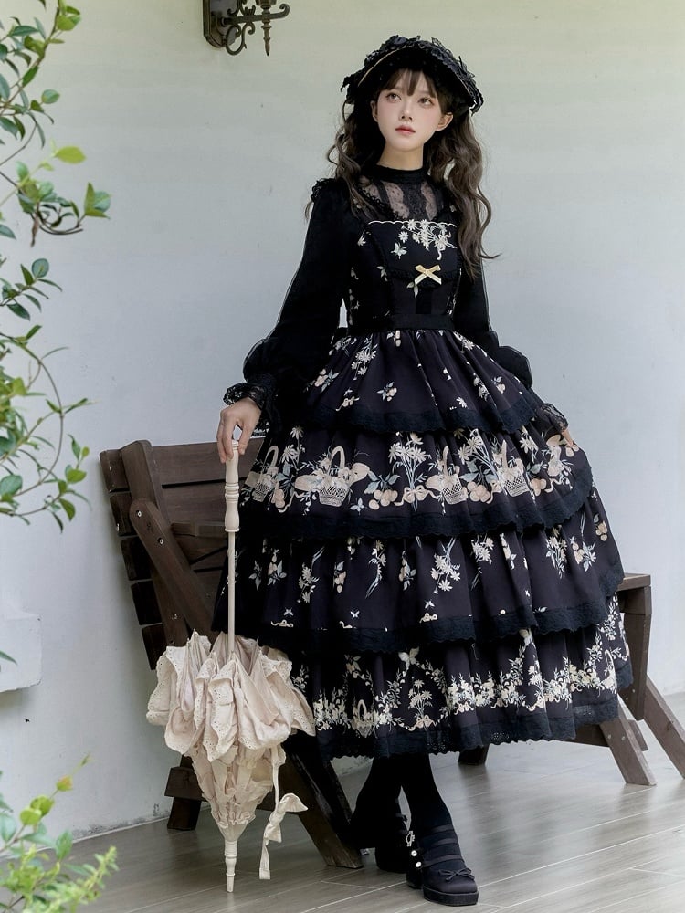 Rock Classic und Lolita Stufenpullover Print Blumen Lilienkleid Kirschschwarz