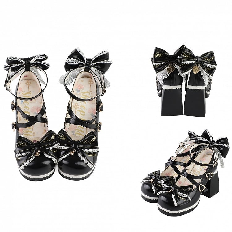 Crisscross Design Heels Bow High Top Block Black Heart Buckles Detachable at