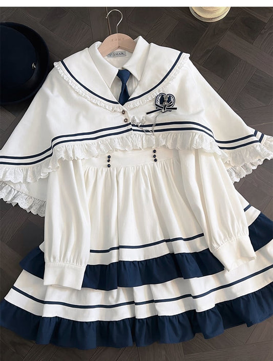 White and Blue Lace Trim Sailor Collar Cloak