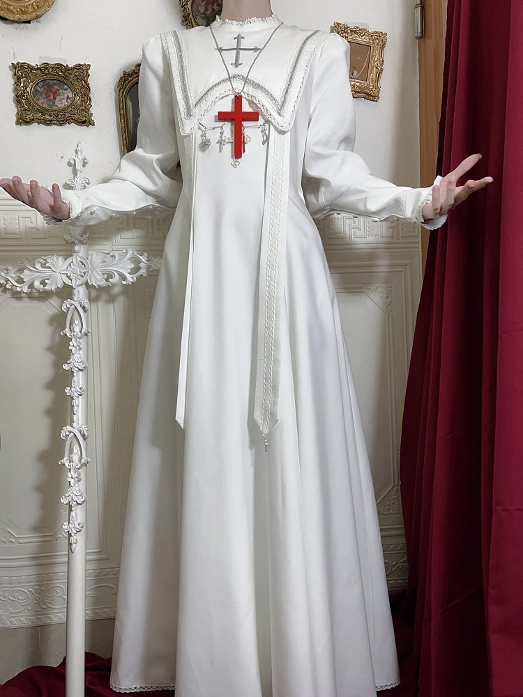 Halloween Kreuzärmeliges Juliette Stickerei Weißes Hammelkeulenkleid / Outfits Nonne Lolita