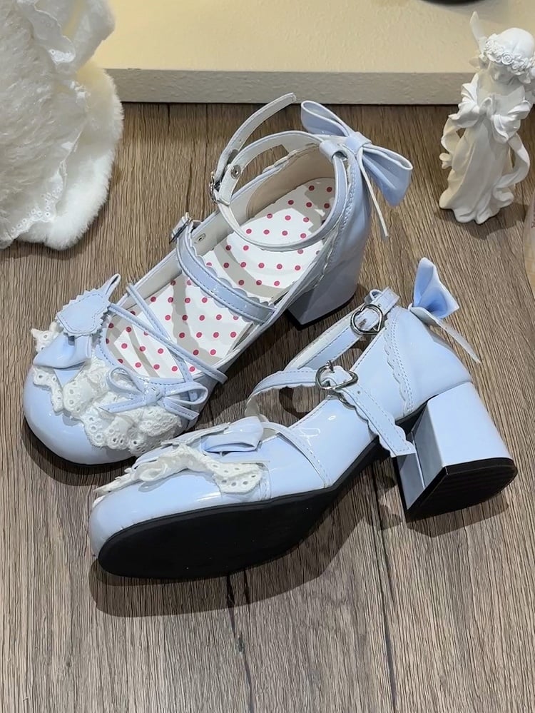 Sweet Buckle with Bow Shoes Janes - Lacework Lolita Details Blue Heart Mary