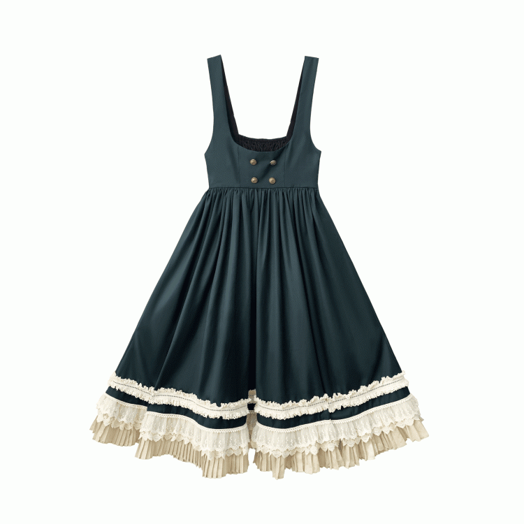 Green Overall Dress in High Waist Style Dark Preppy with Beige Lace Trim
