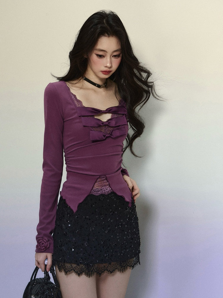 Purple V-neck Top Knitted Detail Contrast Lace Patches Glamorous Bowknots