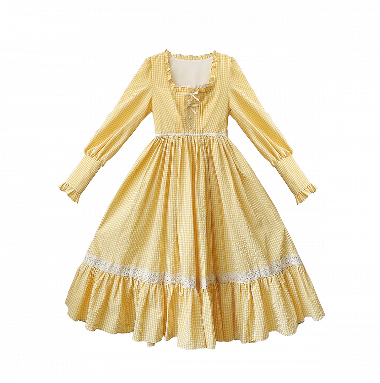 Gelbes Stück Süßes Lolita Taillenkleid Bischof Plaid Ärmel Hohe