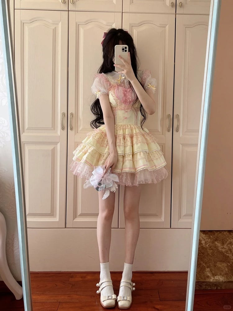 Polka-dot Heart Sweet Ruffled Heart Front Yellow Pink Lolita Dress Pattern