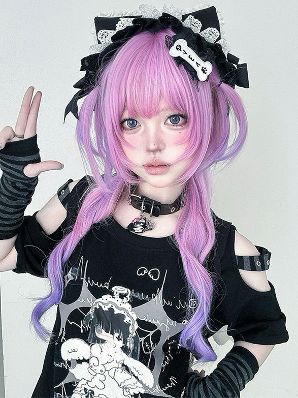 Wig Hime Color Ombre Hair With Bangs Wavy Cut Length 72CM Pink-Purple Air