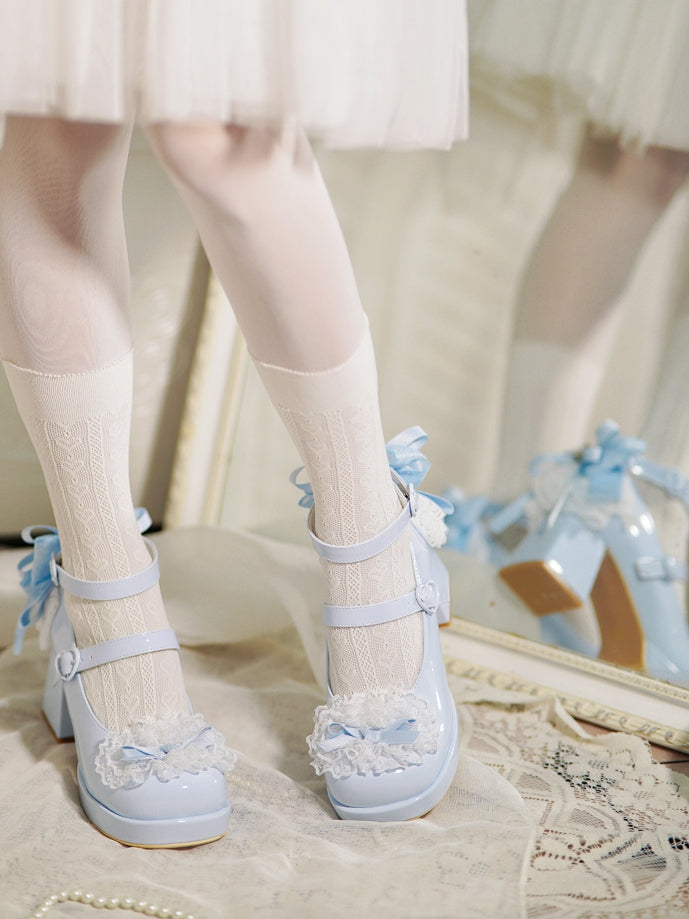 Blue Heels Top Knotted Buckles at Bow High Trim Lace Block Heart