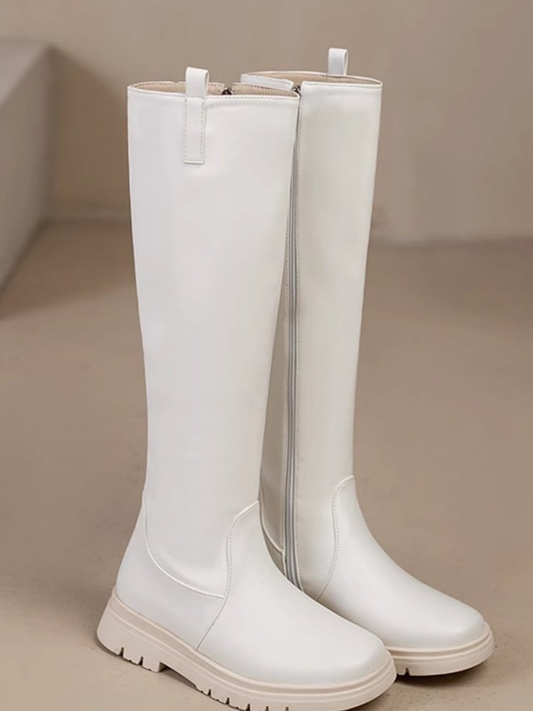 Verschluss: Weiße kniehohe Stiefel mit Reißverschluss, normale/dicke PU-Version, Lederinnenseite mit -